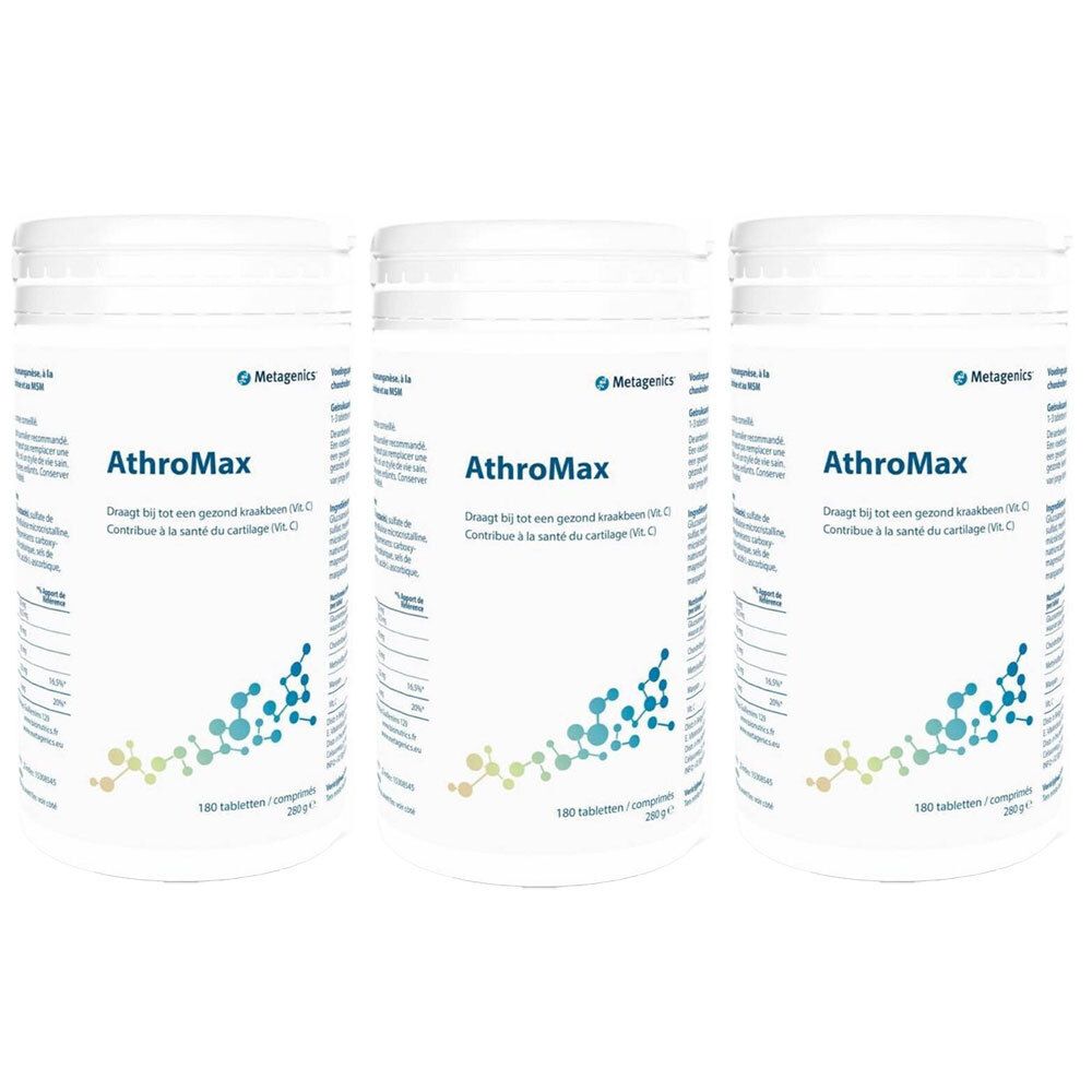 Drie witte potten met de naam ArthroMax. Opschrift: Draagt bij tot een gezond kraakbeen (M.C.).