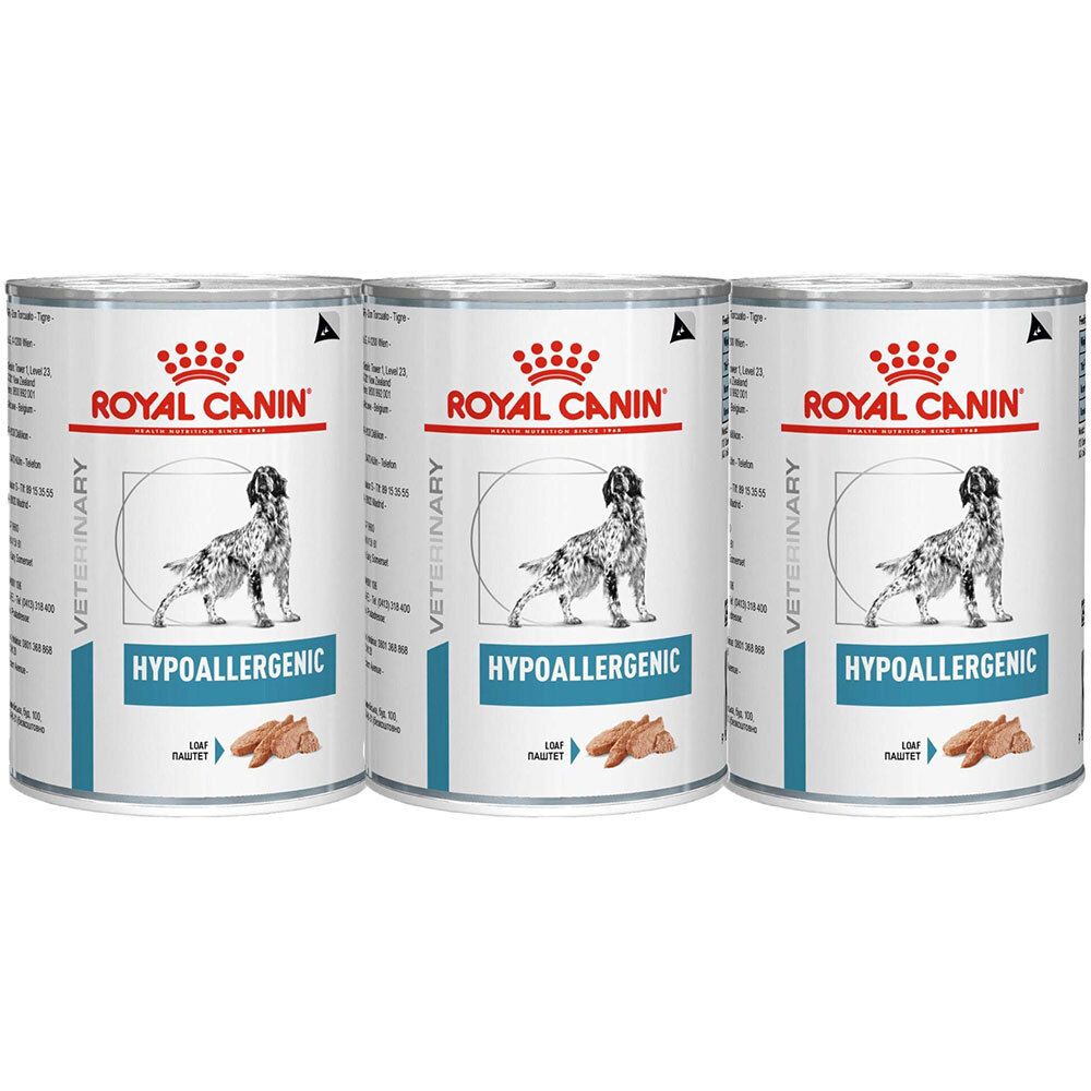 Trois boîtes ROYAL CANIN® Hypoallergenic. Inscription et chien. Boîte avec couvercle.