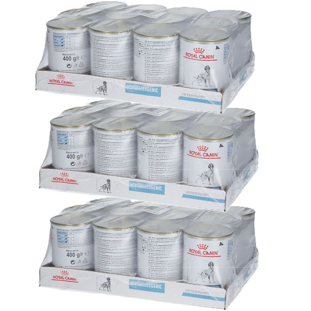 Plusieurs boîtes ROYAL CANIN® Hypoallergenic en emballage. Indication 400g. Inscription visible.