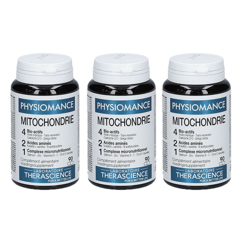 Trois flacons de Physiomance Mitochondrie. Flacons noirs avec couvercles blancs et étiquettes. Inscription : PHYSIOMANCE MITOCHONDRIE.