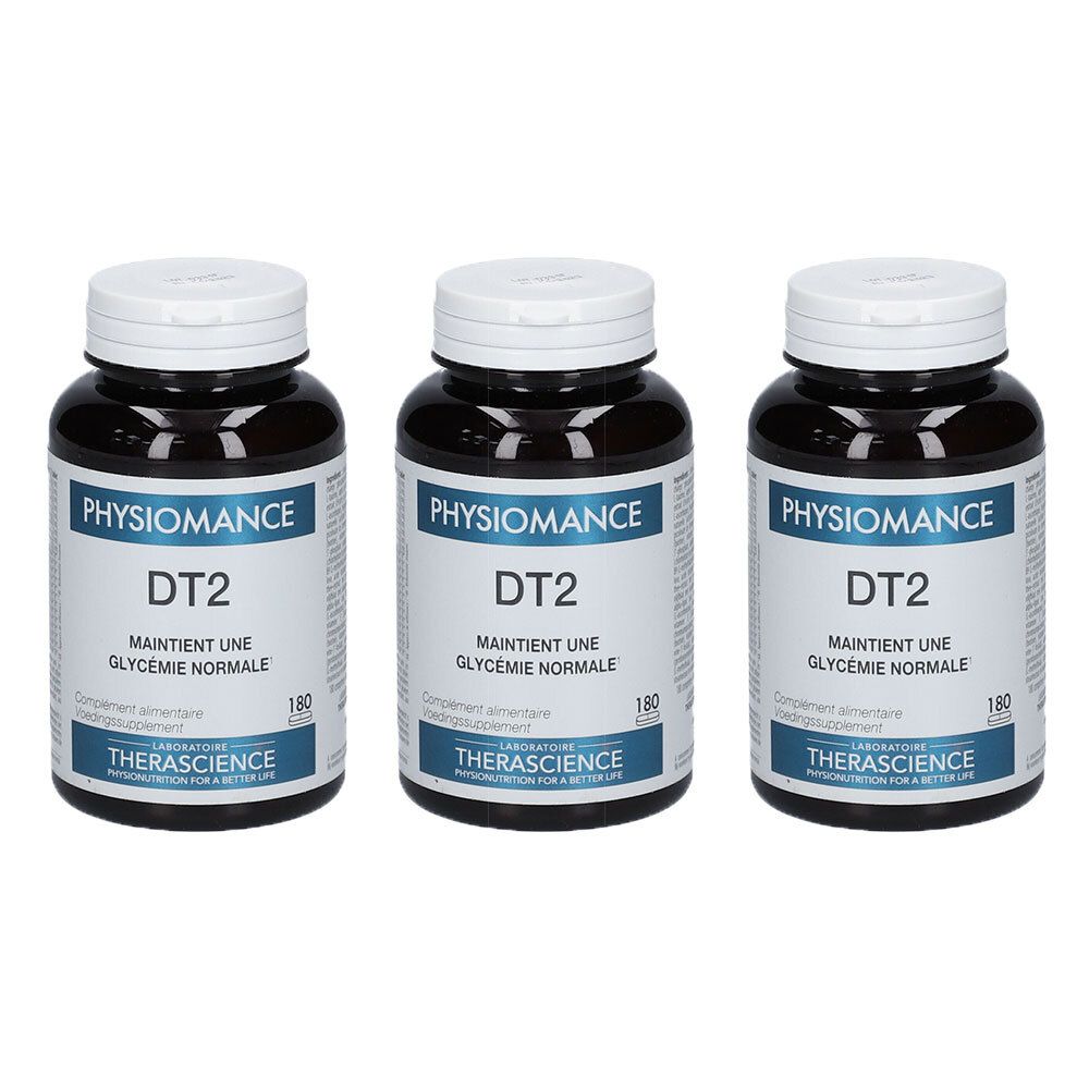 Drie zwarte flessen met witte doppen. Labels: "PHYSIOMANCE DT2", "MAINTIENT UNE GLYCEMIE NORMALE" en "THERASCIENCE". Bevat 180 stuks.