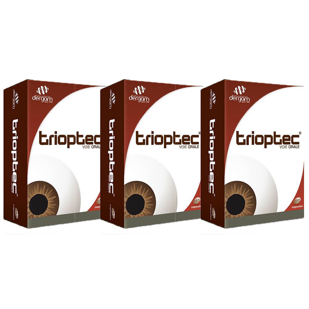 Trois boîtes de Trioptec. Chaque boîte présente un œil. Logo Dergam.