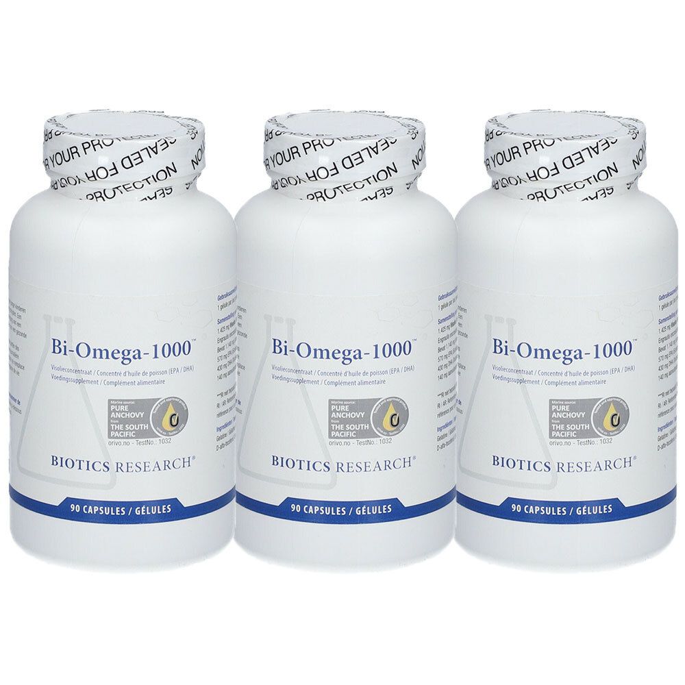 Drie witte flessen met etiketten. Opschrift: Bi-Omega-1000, 90 capsules. Verzegeling: Sealed for your protection.