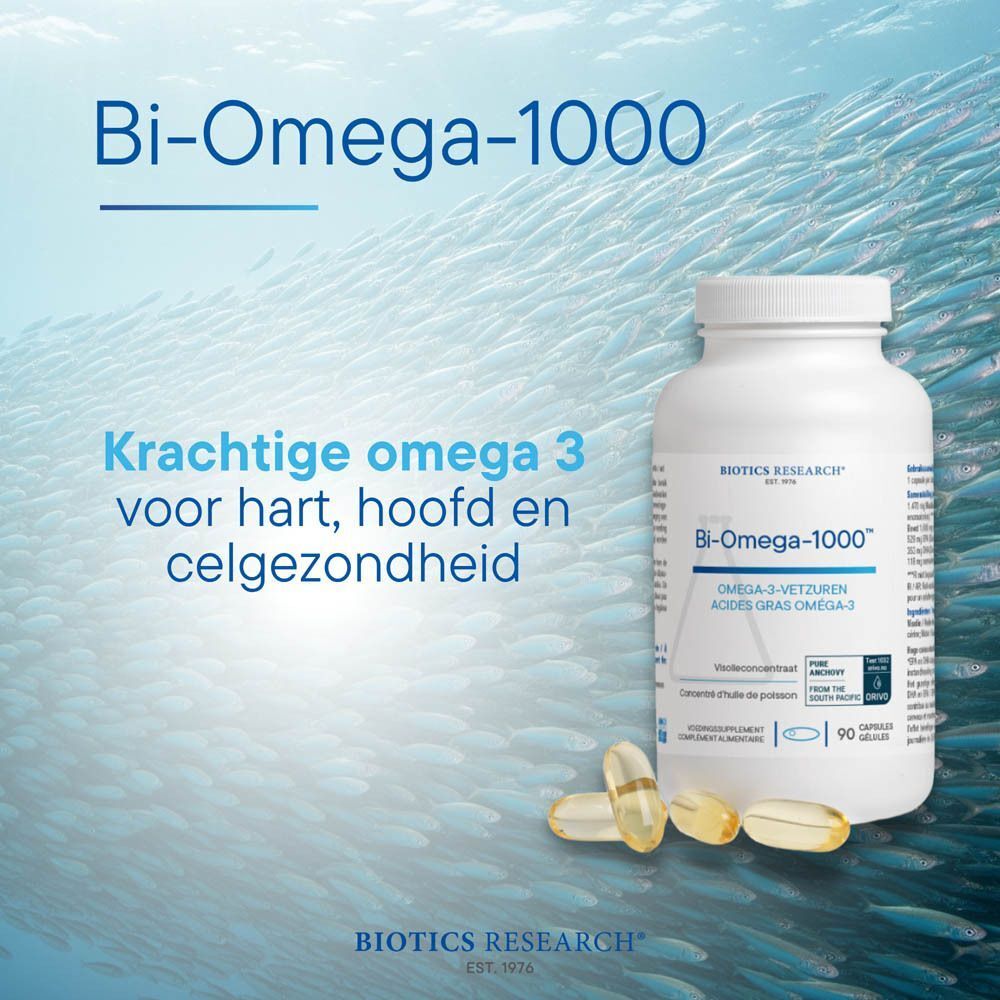 Fles Biotics Research Bi-Omega-1000 van 90 capsules, omringd door scholen vissen.
