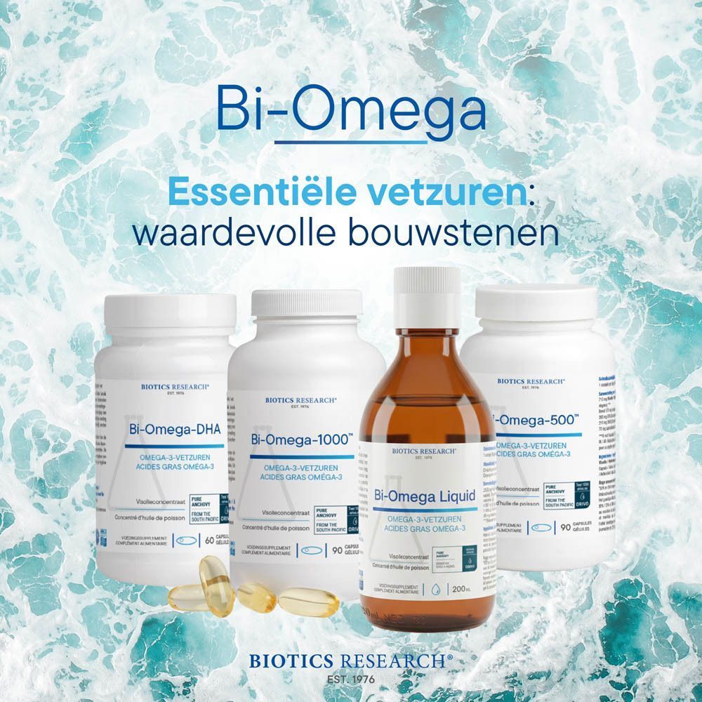Fles Biotics Research Bi-Omega-1000 van 90 capsules, omringd door scholen vissen.