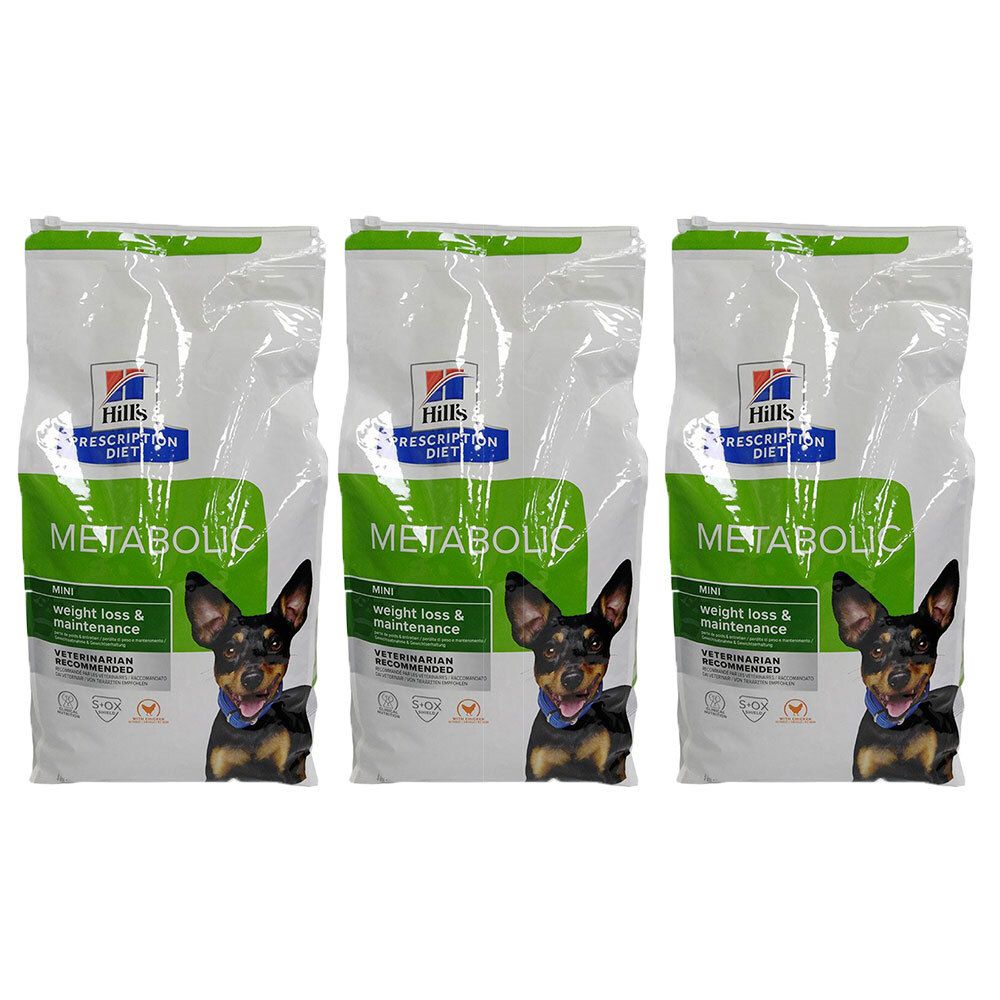 Drie zakken hondenvoer. Opschrift: Hill's Prescription Diet Metabolic. Met afbeelding van een hond.