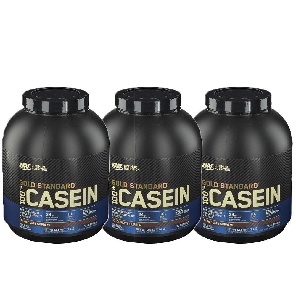 Drie zwarte potten met zwarte deksels. Opschrift: Gold Standard 100% Casein. Chocolate Supreme.