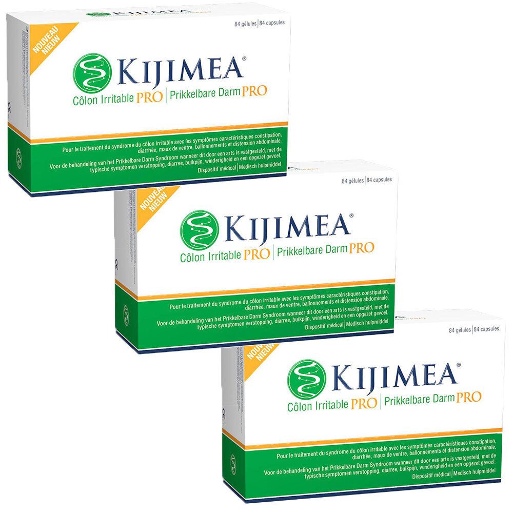 Trois boîtes de Kijimea Côlon Irritable PRO. Inscription : Kijimea, Colon Irritable PRO, Prikkelbare Darm PRO. Emballage vert et blanc.