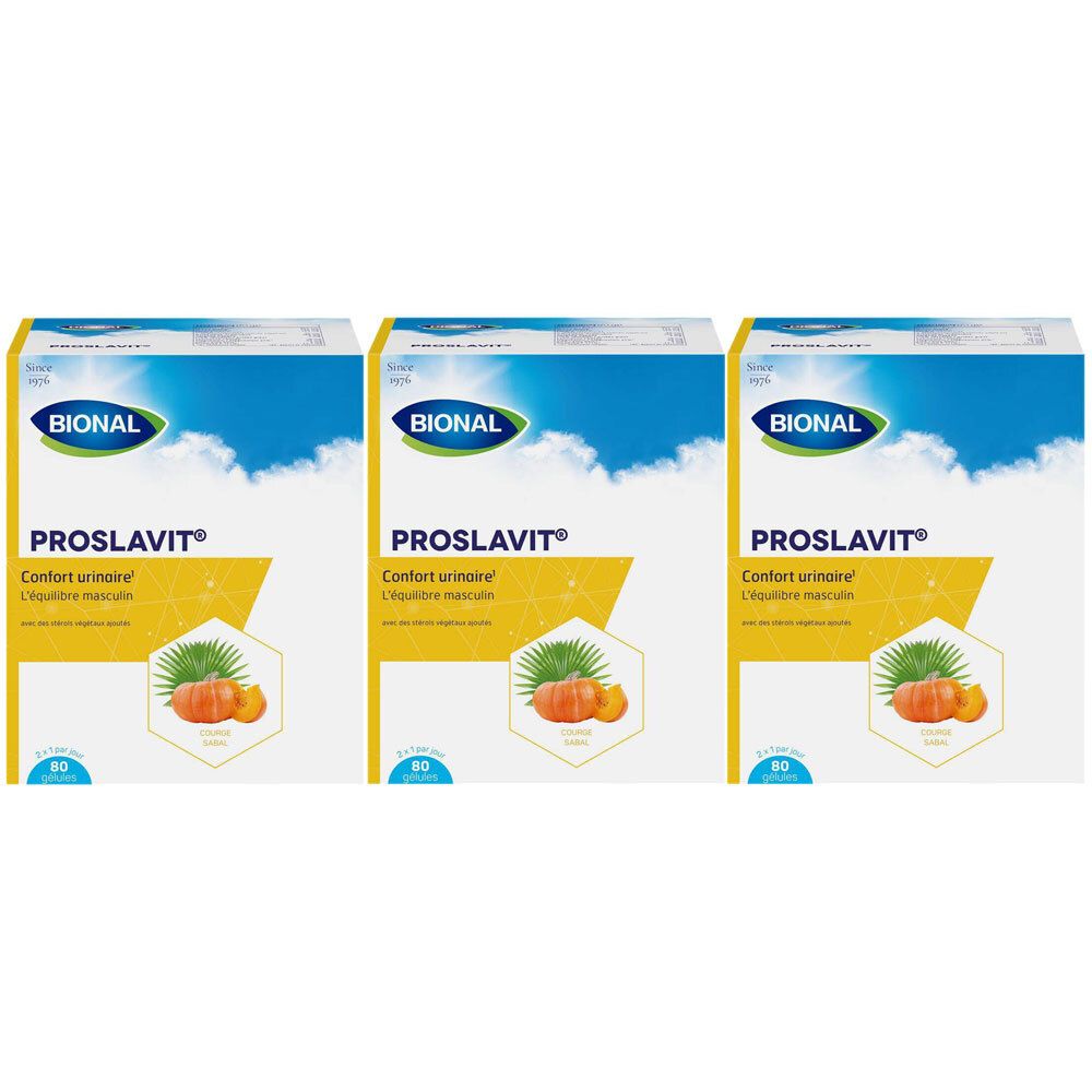 Drie dozen BIONAL PROSLAVIT. Opschrift: Confort urinaire, L'équilibre masculin. Illustratie: pompoen en bladeren.