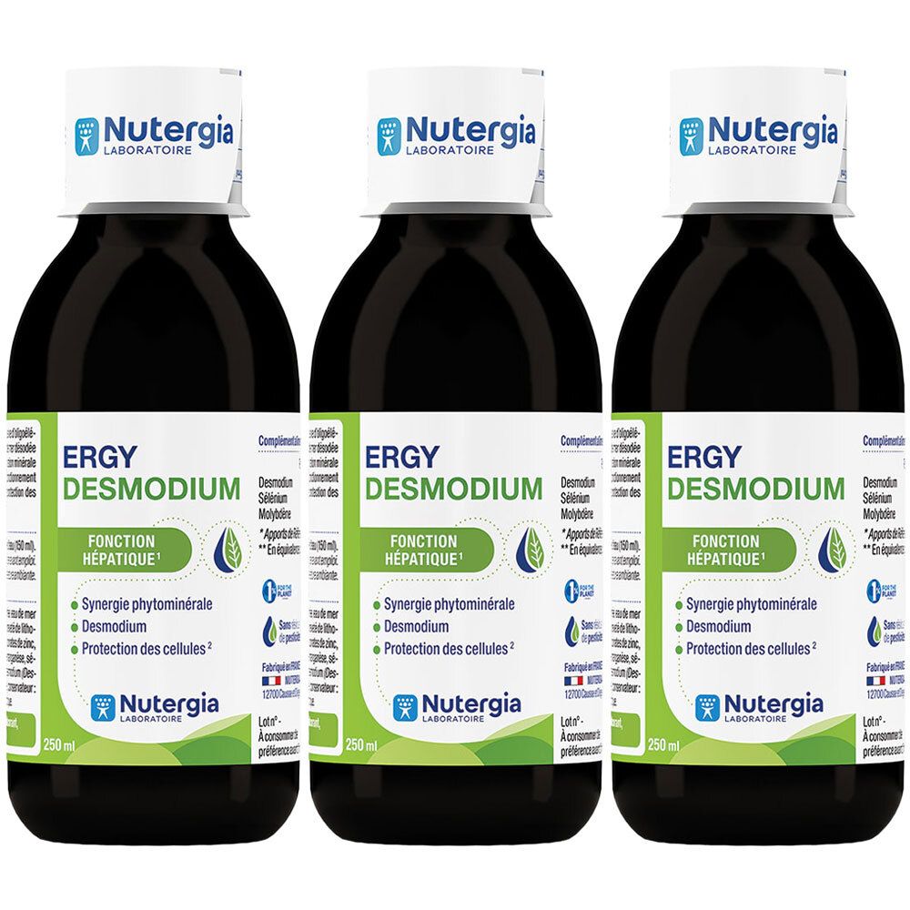 Drie flessen ERGY DESMODIUM. Zwarte vloeistof in glazen flessen met wit etiket. Merk Nutergia.