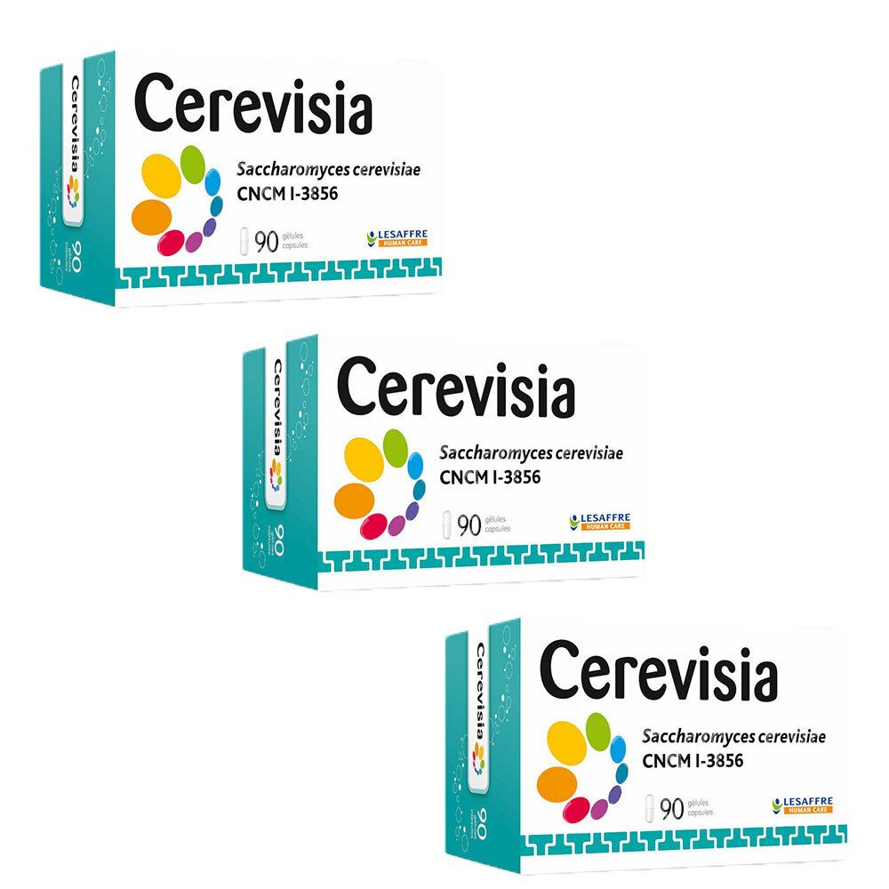 Drie dozen Cerevisia. Opschrift: Saccharomyces cerevisiae CNCM I-3856, 90 capsules. Lesaffre-logo.