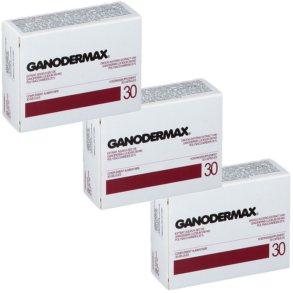 Drie witte dozen met de tekst GANODERMAX. Op elke doos staat "30".