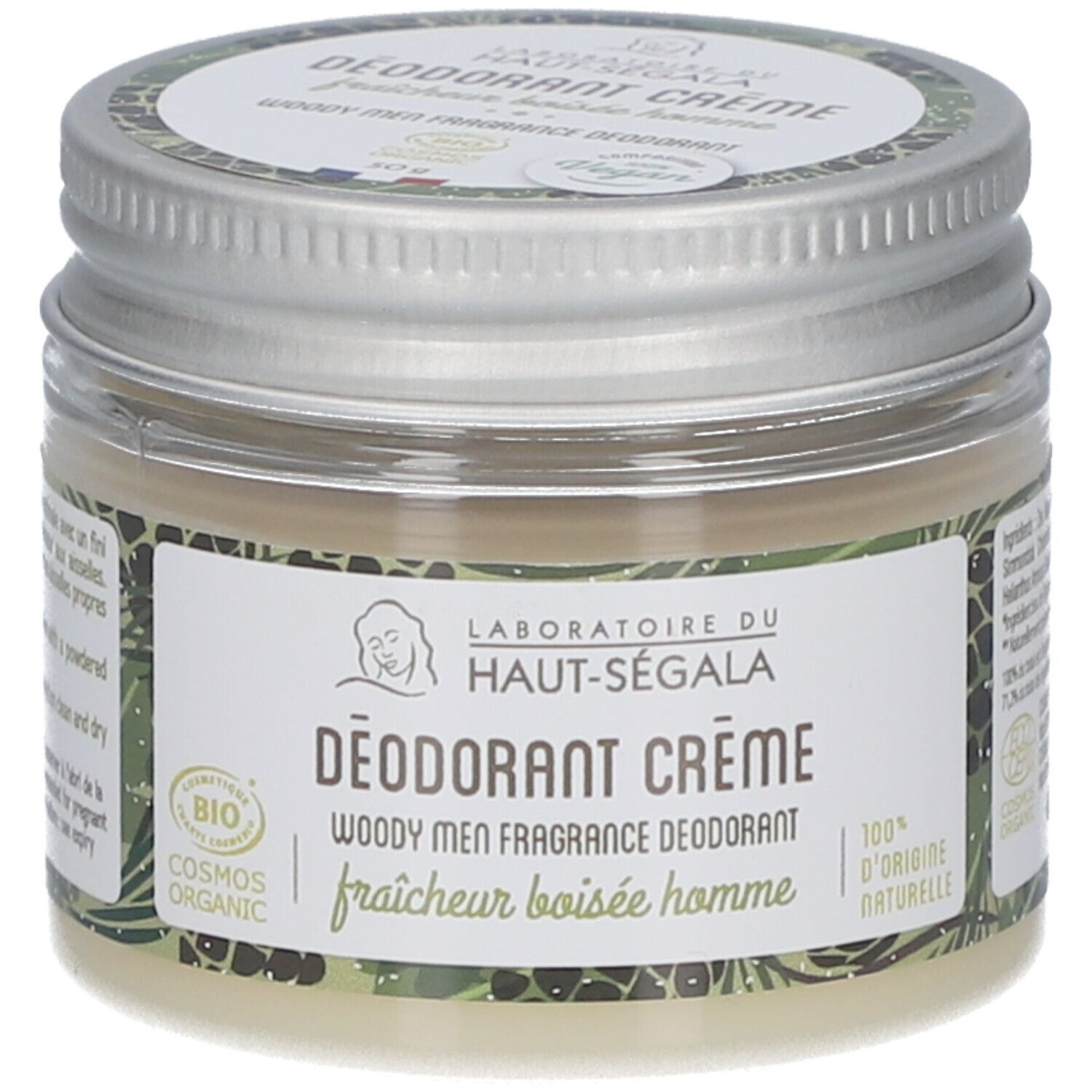 Pot de crème déodorante. Inscriptions: LABORATOIRE DU HAUT-SÉGALA, DÉODORANT CRÈME, BIO, 100% D'ORIGINE NATURELLE.