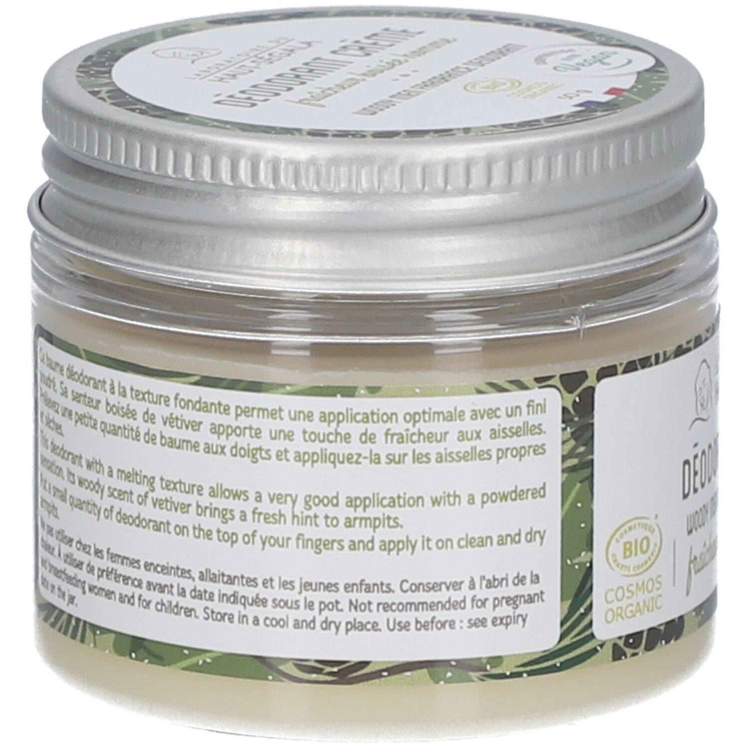 Pot de crème déodorante, dos avec texte. Inscriptions: BIO, COSMOS ORGANIC.