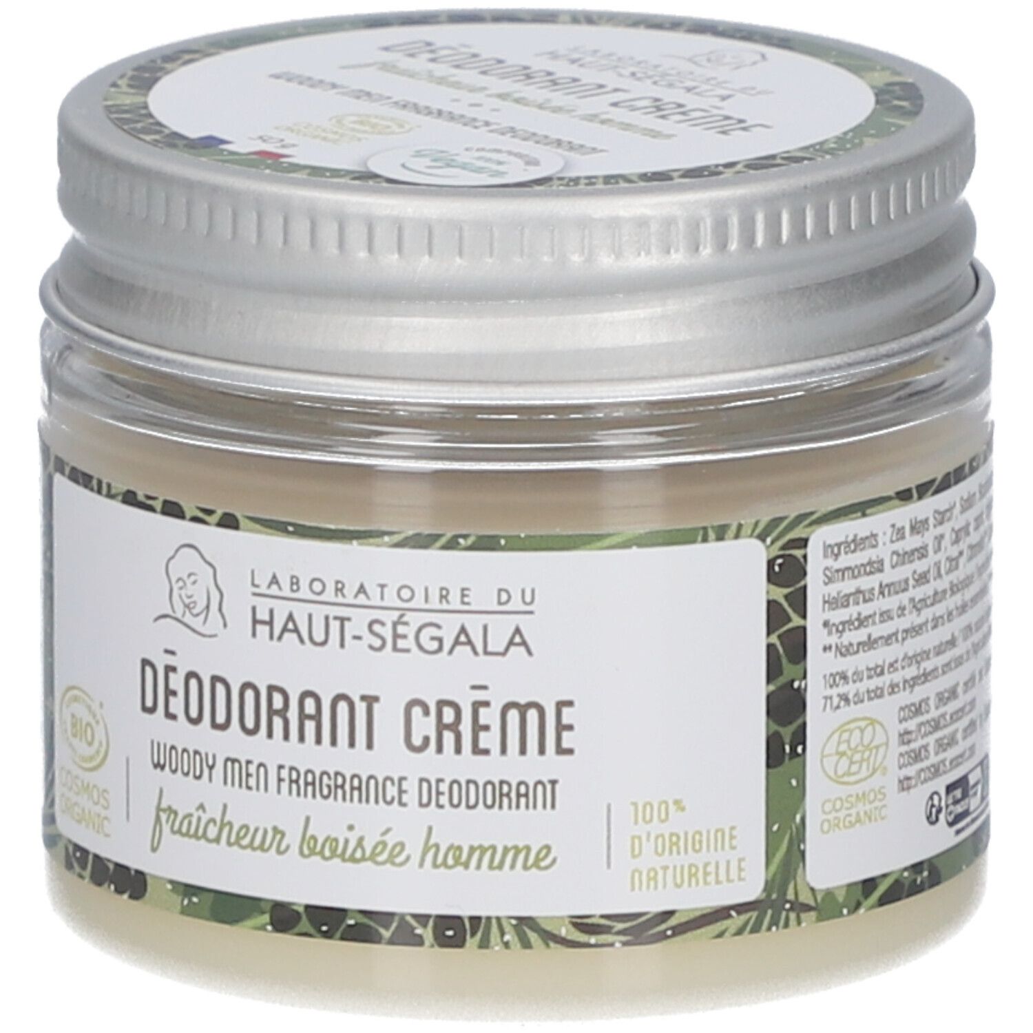 Pot de crème déodorante. Inscriptions: LABORATOIRE DU HAUT-SÉGALA, DÉODORANT CRÈME, BIO, 100% D'ORIGINE NATURELLE.