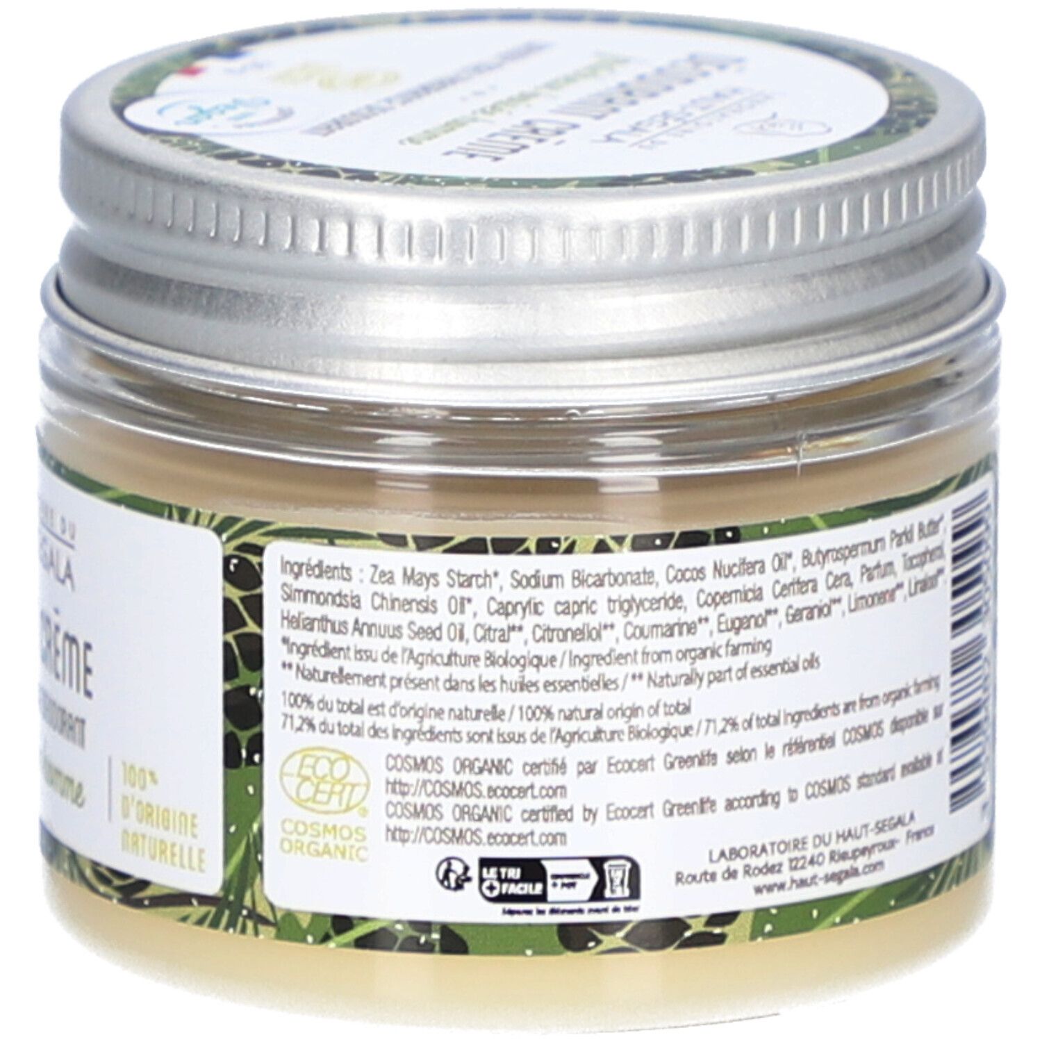 Pot de crème déodorante, dos avec texte. Inscriptions: BIO, COSMOS ORGANIC.