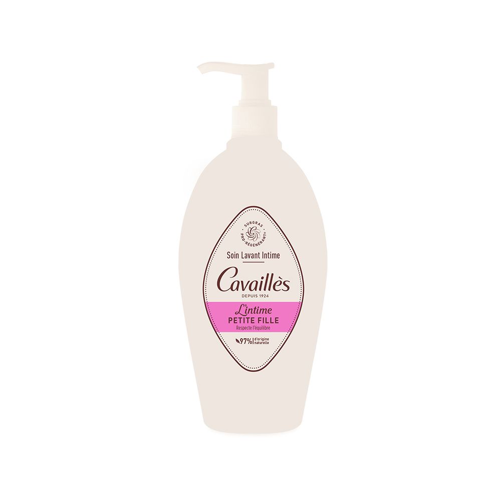Flacon blanc avec étiquette rose. Inscription: Cavaillès, L'intime Petite Fille. Avec pompe.