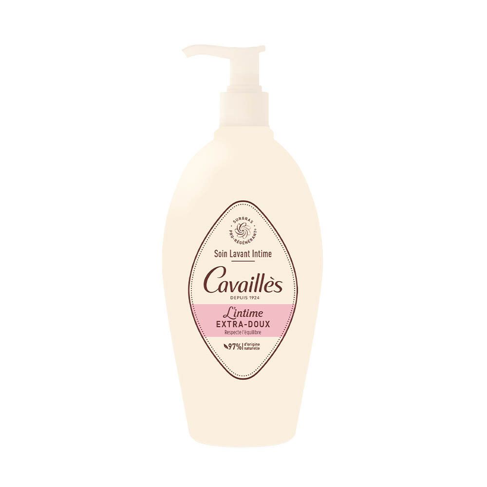 Cavaillès Intieme wasverzorging fles. Wit, met pomp. Opschrift: L'Intime Extra-Doux. 97% ingrediënten van natuurlijke oorsprong.