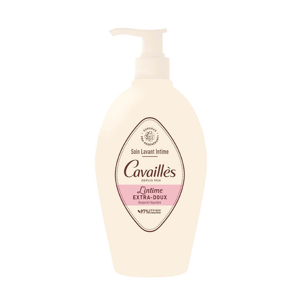 Beige fles met pomp. Opschrift: Cavaillès, L'Intime Extra-Doux. 97% ingrediënten van natuurlijke oorsprong.