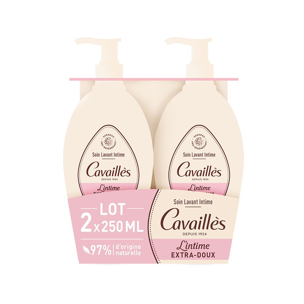 Deux flacons de Soin lavant Intime Extra-Doux dans un emballage. Inscriptions : Cavaillès, L'intime, 2x250ml, 97% d'origine naturelle.