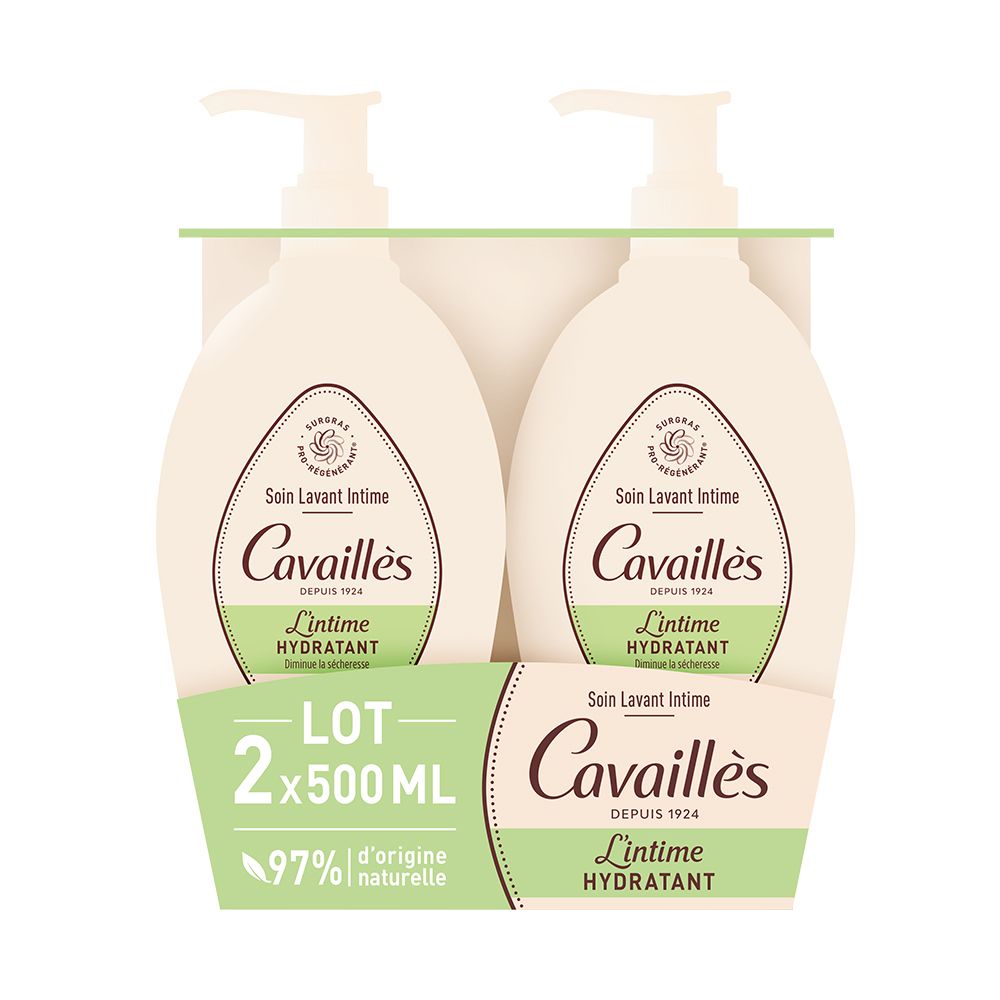 Deux flacons avec pompe, en emballage. Inscription: Cavaillès, Soin Lavant Intime Hydratant. 2x500ml. 97% d'origine naturelle.