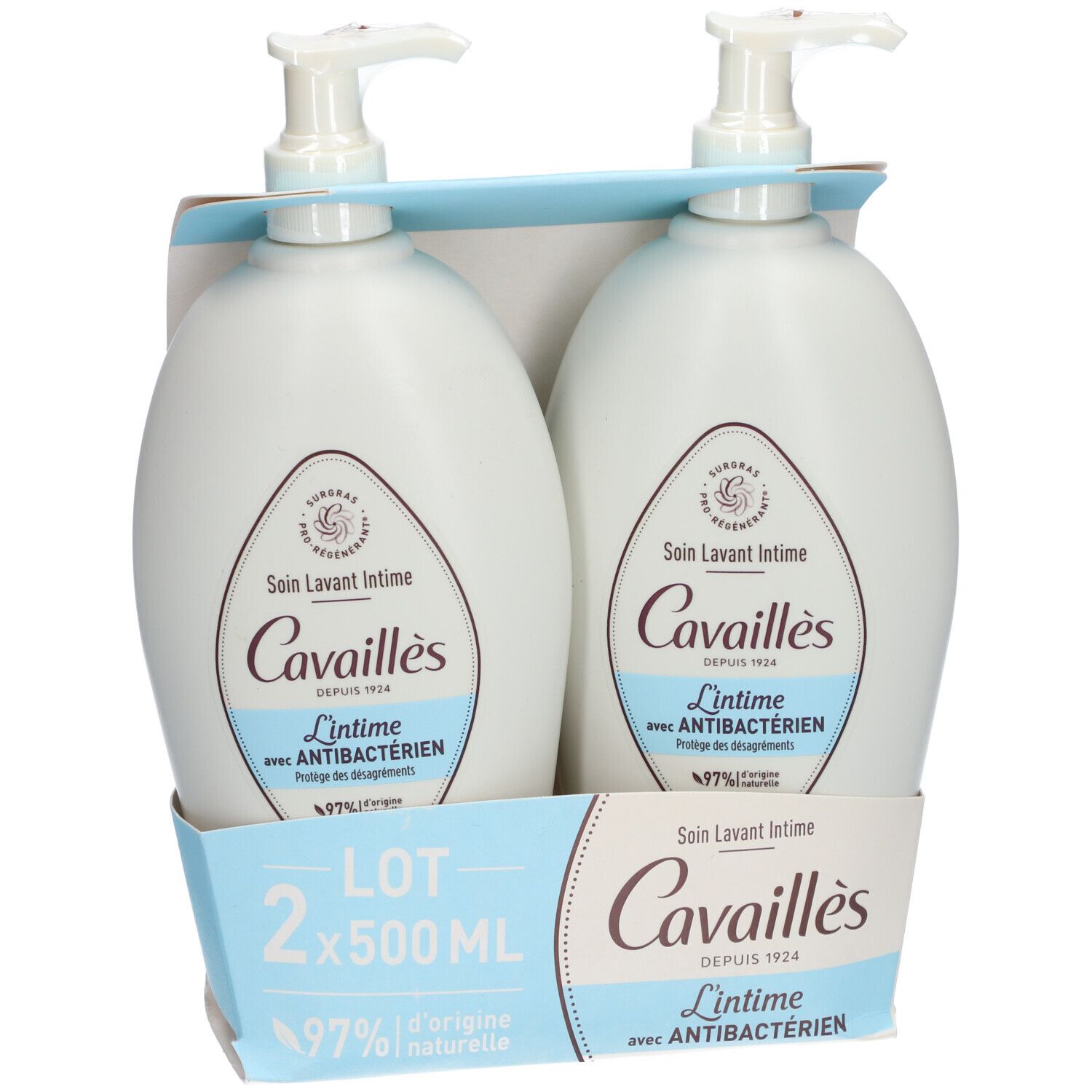 Twee flacons intieme waslotion met pomp in verpakking. Opschrift: Cavallies, L'Intime, Antibacterieel.