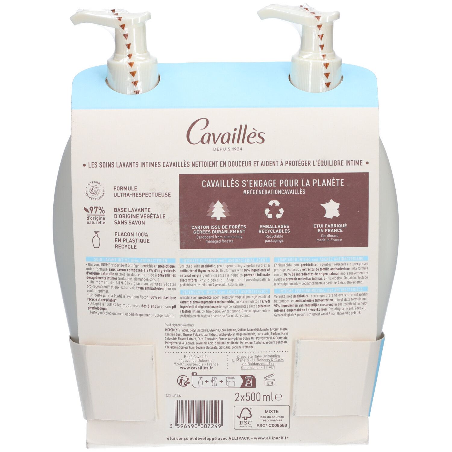 Achterkant van de verpakking met twee flacons intieme waslotion. Tekst: Cavallies, L'Intime, Antibacterieel, 97% natuurlijke oorsprong.