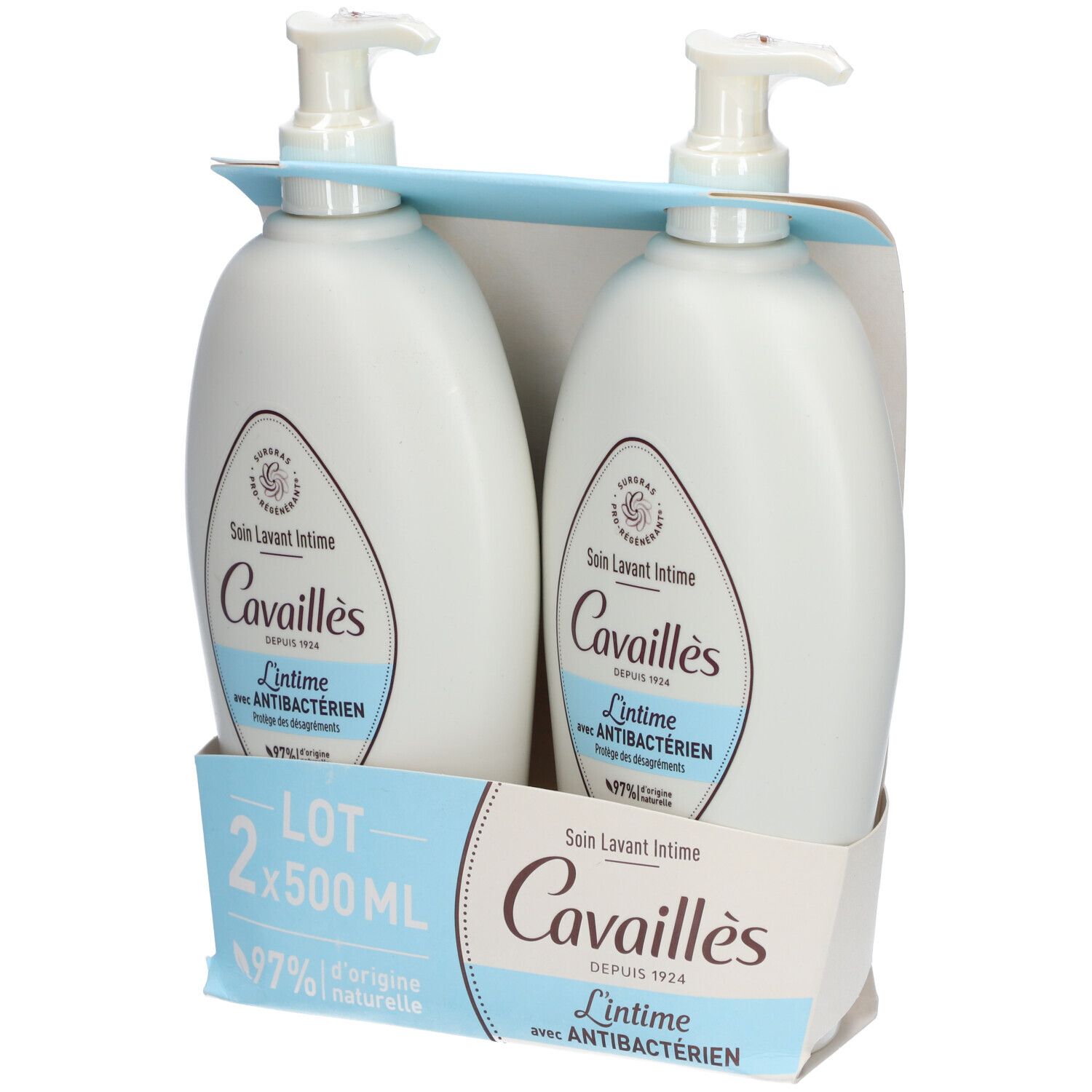 Twee flacons intieme waslotion met pomp in verpakking. Opschrift: Cavallies, L'Intime, Antibacterieel.