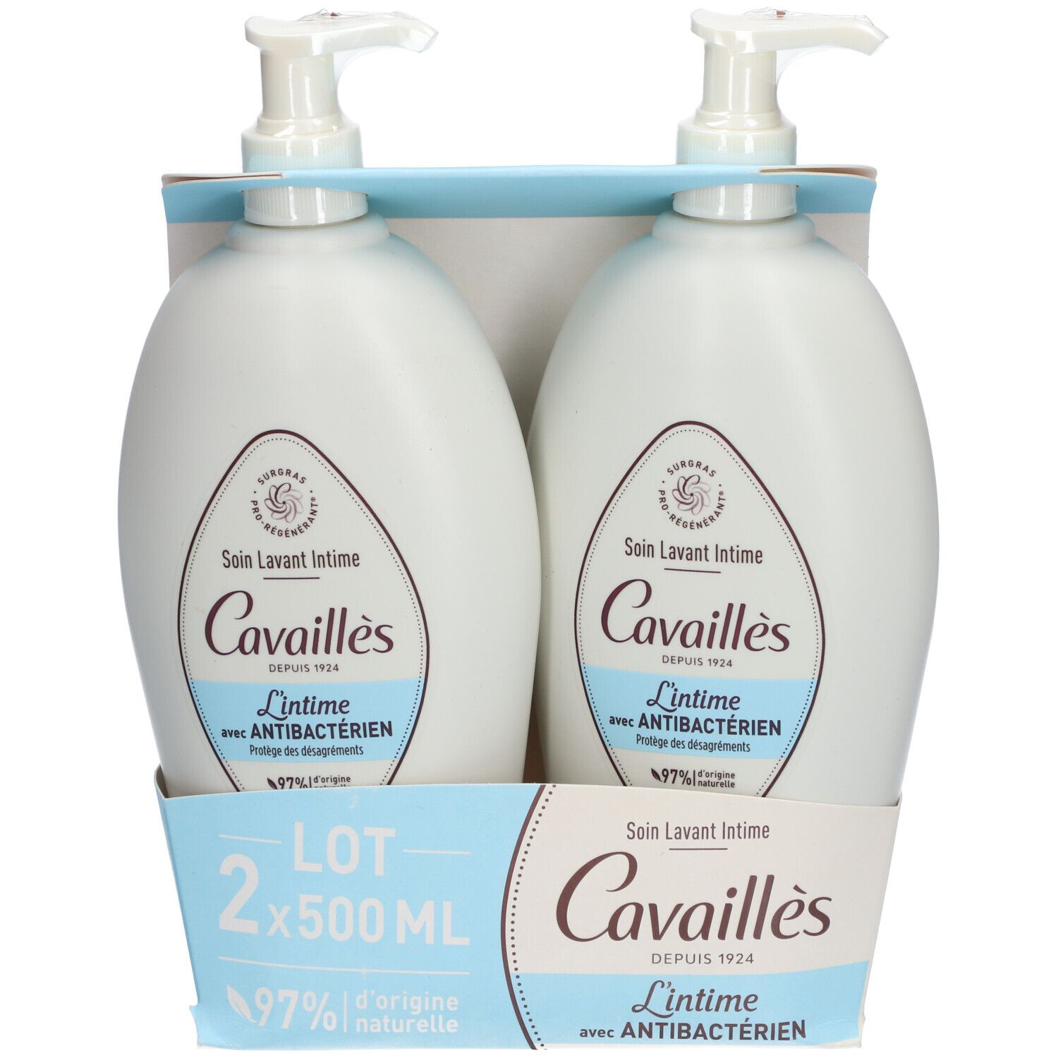 Twee flacons intieme waslotion met pomp in verpakking. Opschrift: Cavallies, L'Intime, Antibacterieel.