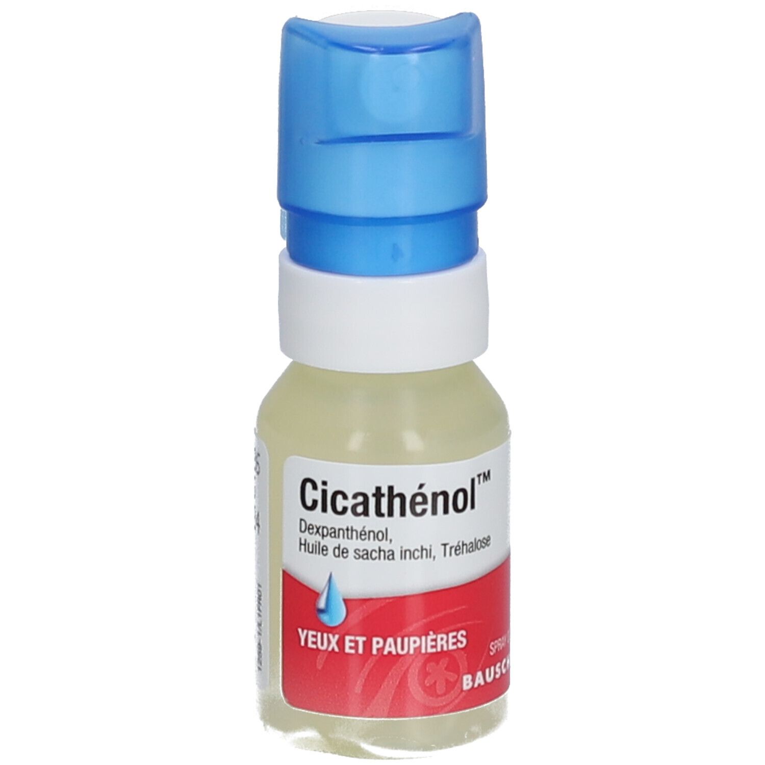 Oog- en ooglid spray. Witte fles met blauwe sproeikop. Rode sticker met productnaam en druppelsymbool.