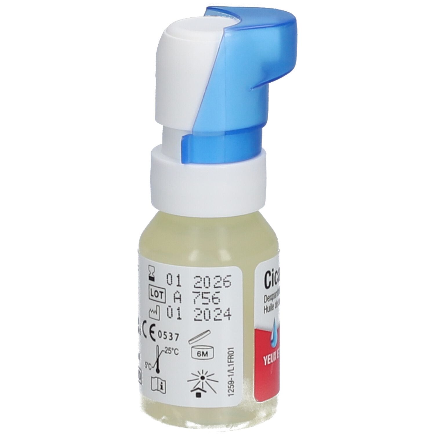 Oog- en ooglid spray. Witte fles met blauwe sproeikop. Rode sticker met productnaam en druppelsymbool. Opschriften.