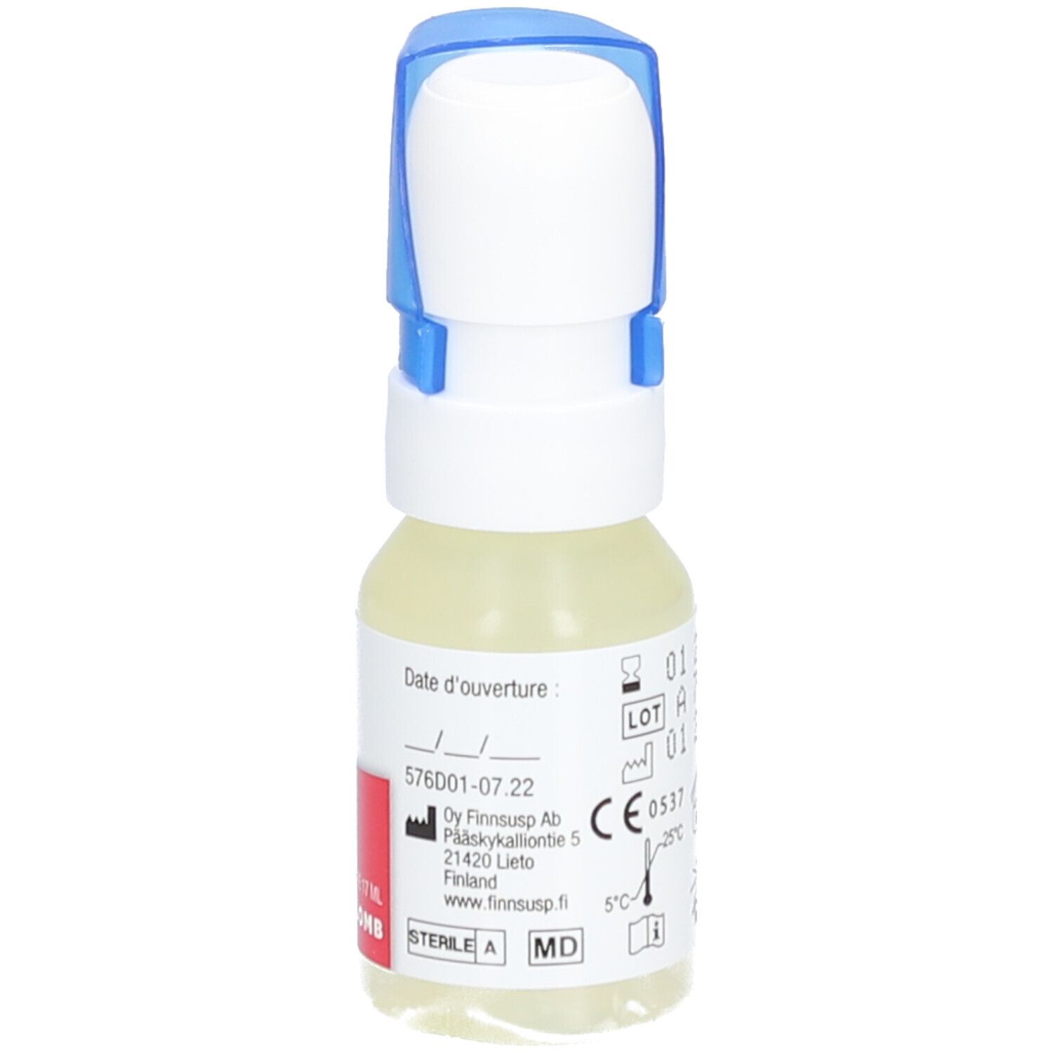 Oog- en ooglid spray. Witte fles met blauwe sproeikop. Rode sticker met productnaam en druppelsymbool. Opschriften.