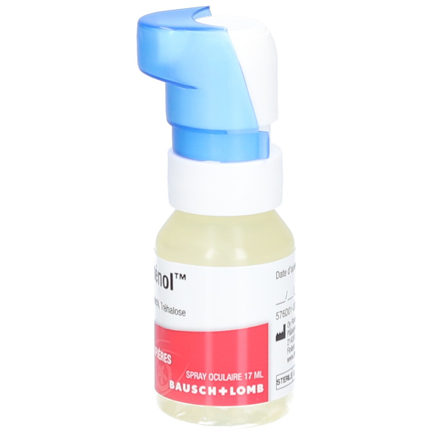 Oog- en ooglid spray. Witte fles met blauwe sproeikop. Rode sticker met productnaam en druppelsymbool. BAUSCH+LOMB.