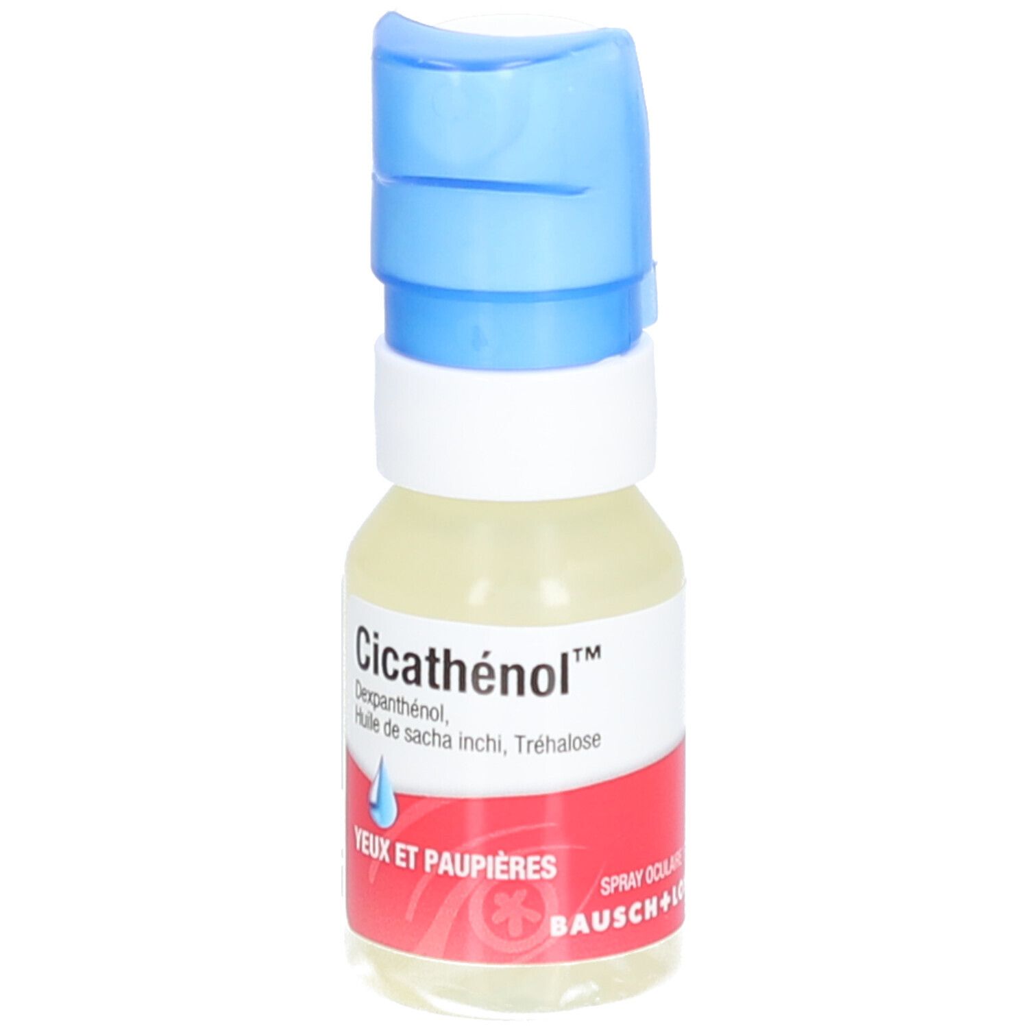 Oog- en ooglid spray. Witte fles met blauwe sproeikop. Rode sticker met productnaam en druppelsymbool.