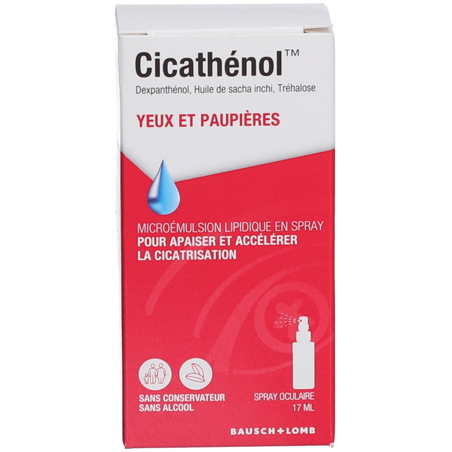 Witte doos met rode tekst. Productnaam, druppel en tekst. BAUSCH+LOMB.