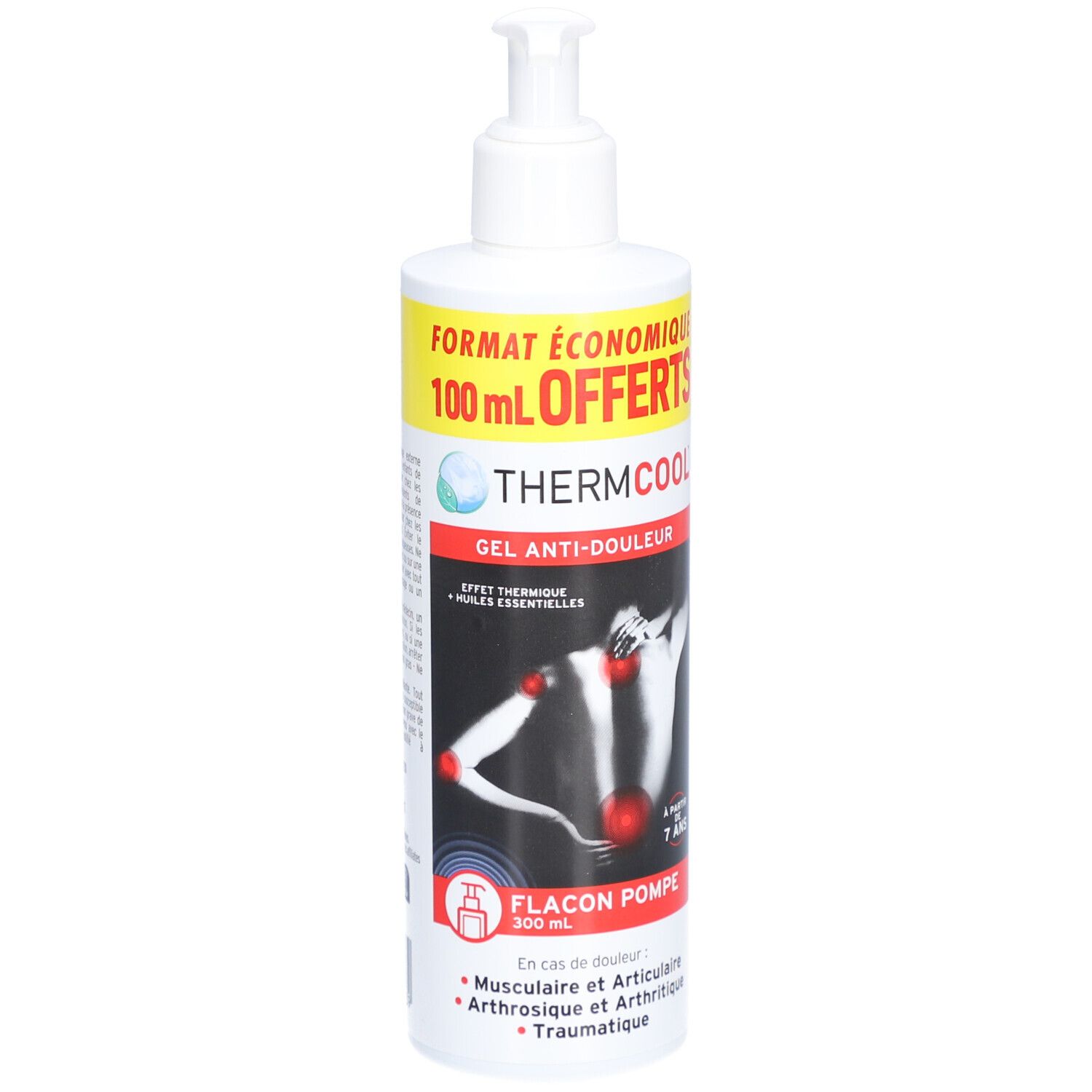 Witte pompflacon. Opschrift: ThermCool Gel Anti-Douleur, 100ml OFFERTS. Illustratie van een menselijke rug.