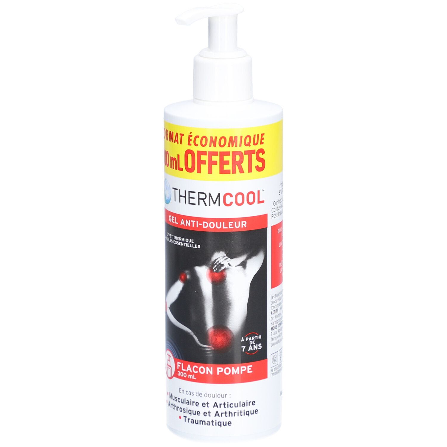 Witte pompflacon. Opschrift: ThermCool Gel Anti-Douleur, 100ml OFFERTS. Illustratie van een menselijke rug.