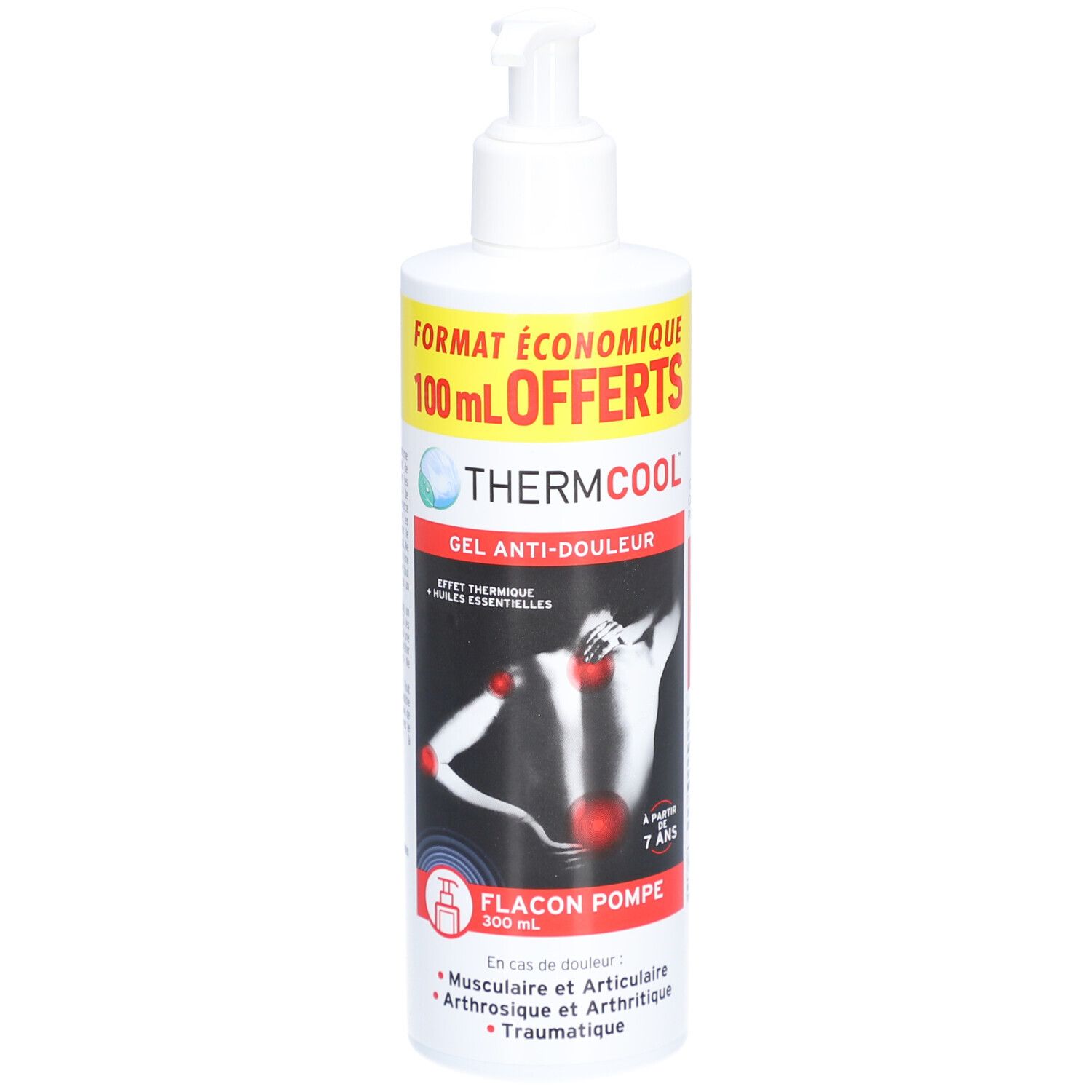 Witte pompflacon. Opschrift: ThermCool Gel Anti-Douleur, 100ml OFFERTS. Illustratie van een menselijke rug.