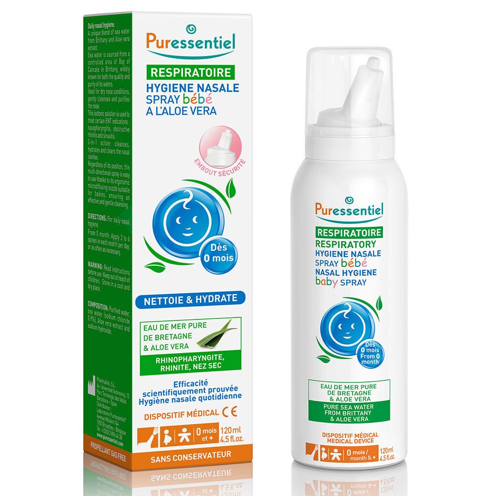 Spray nasal bébé. Flacon blanc avec étiquette verte et bleue. Contient de l'aloe vera et de l'eau de mer.