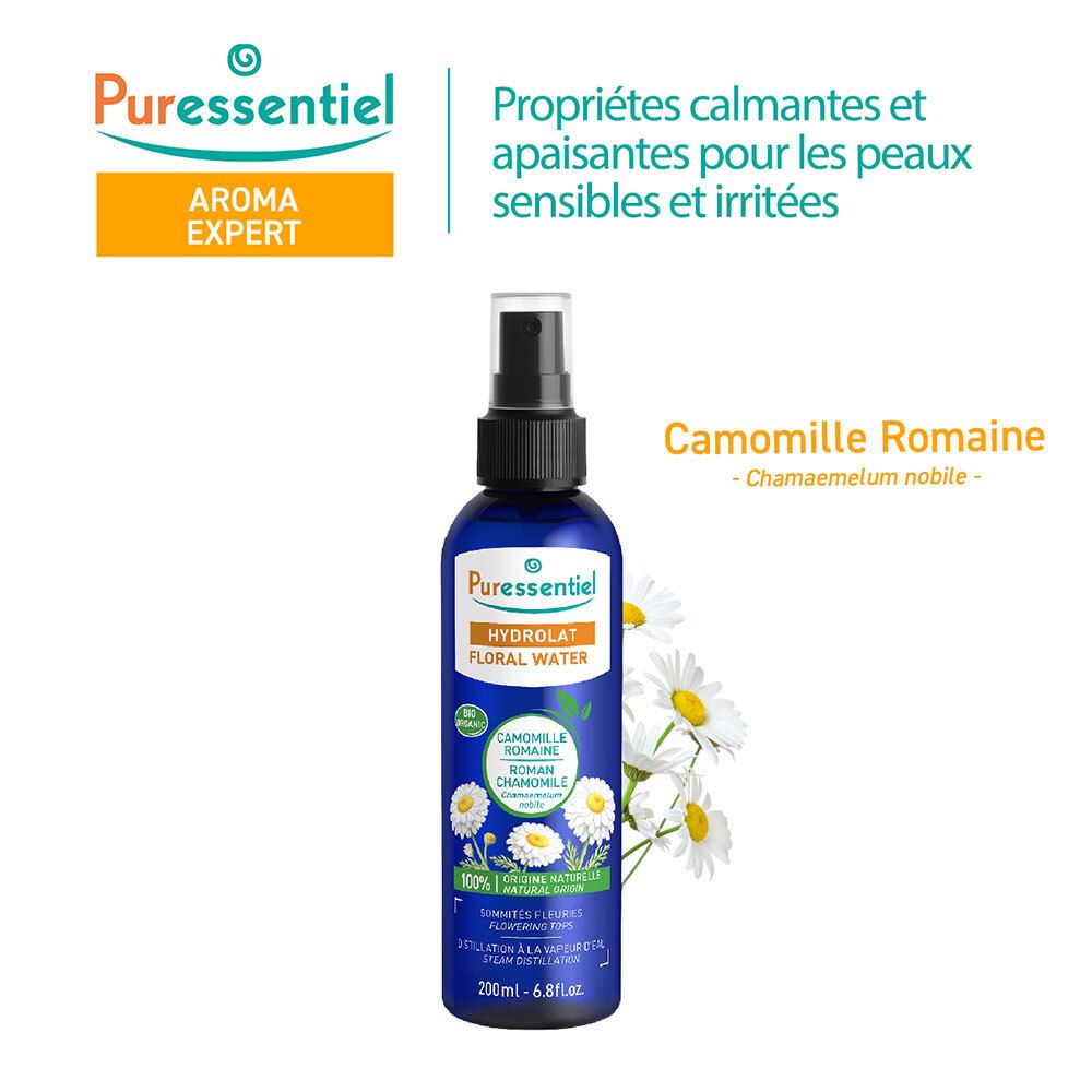 Puressentiel Hydrolaat van Romeinse Kamille BIO, 200ml sprayfles met kamillebloemen.