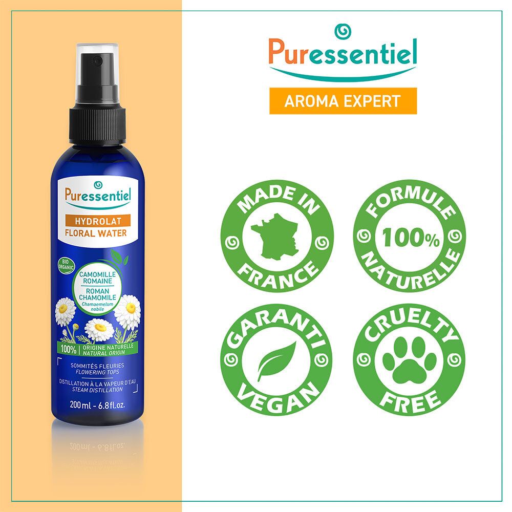 Puressentiel Hydrolaat van Romeinse Kamille BIO, sprayfles met zegels: Made in France, 100% Naturelle, Vegan, Cruelty Free.