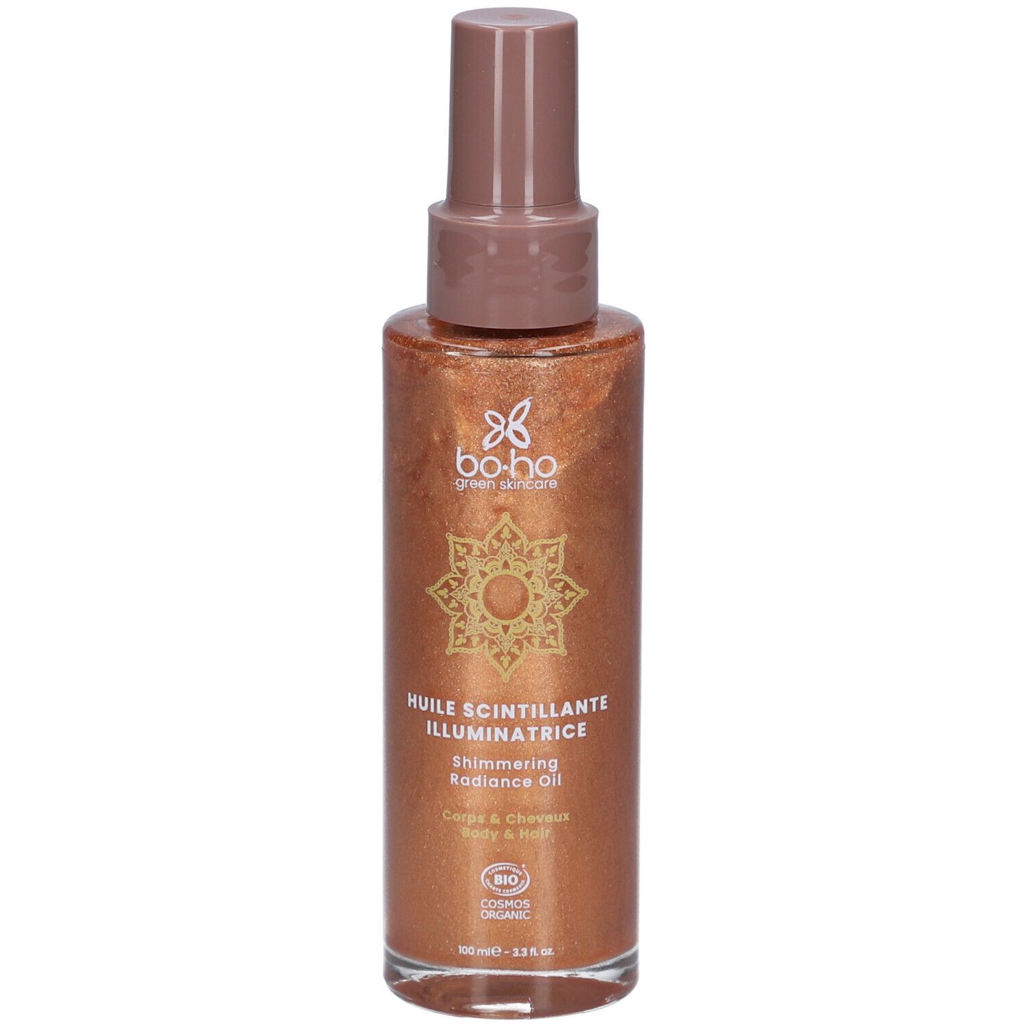 Flacon spray brun scintillant doré. Inscription: Huile Scintillante Illuminatrice. Certification Bio.