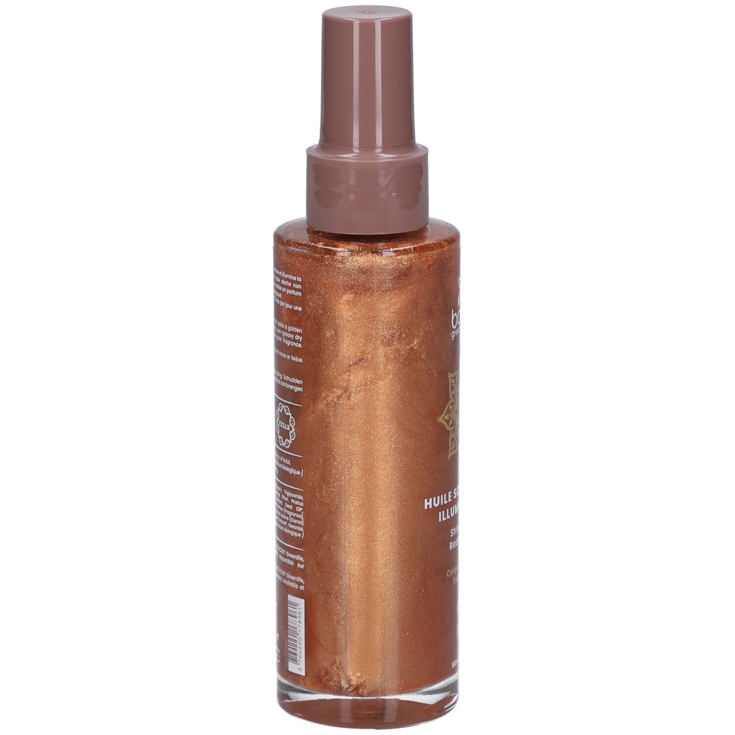 Flacon spray brun scintillant doré. Dos avec texte et logo. Certification Bio.