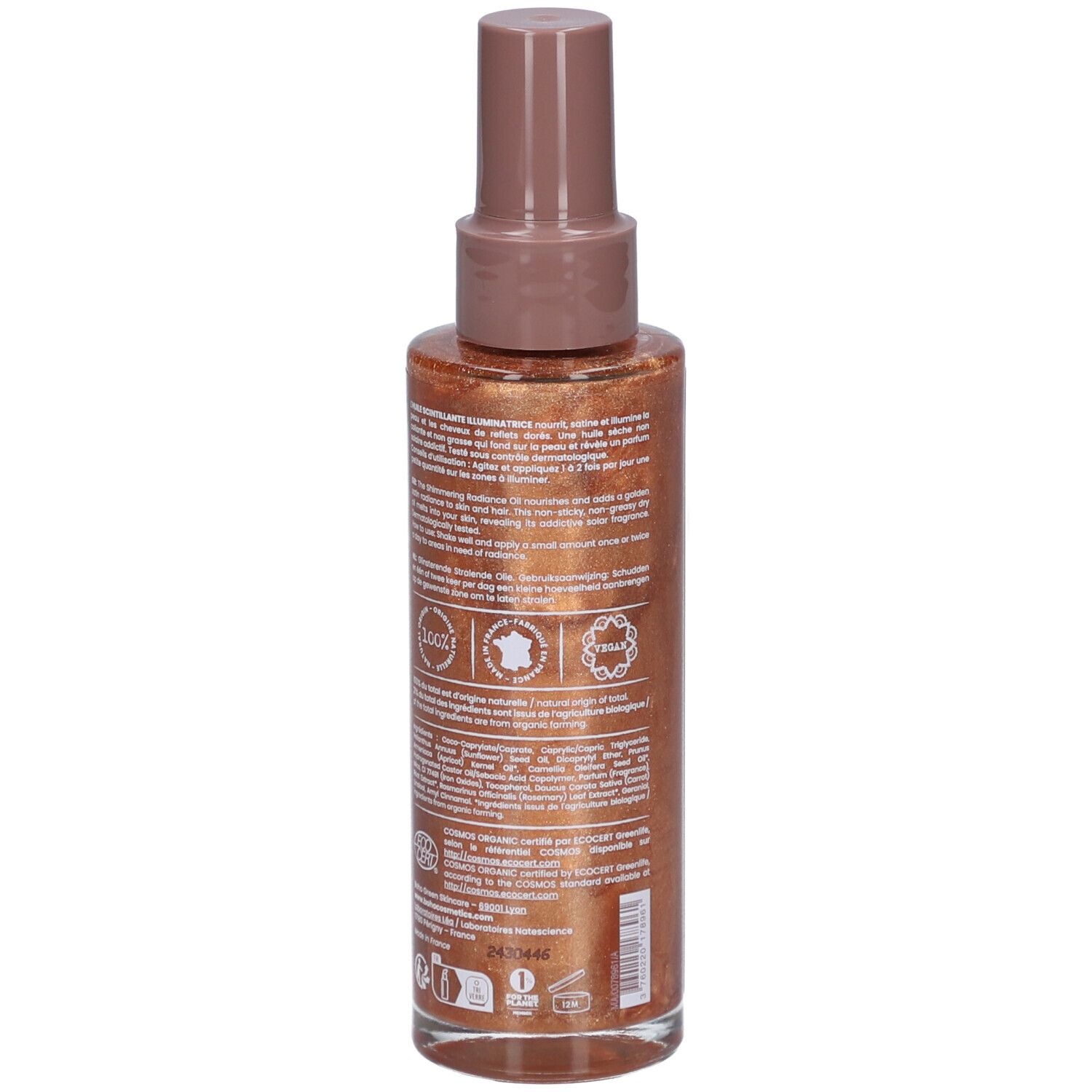 Flacon spray brun scintillant doré. Dos avec texte, logos et certifications.