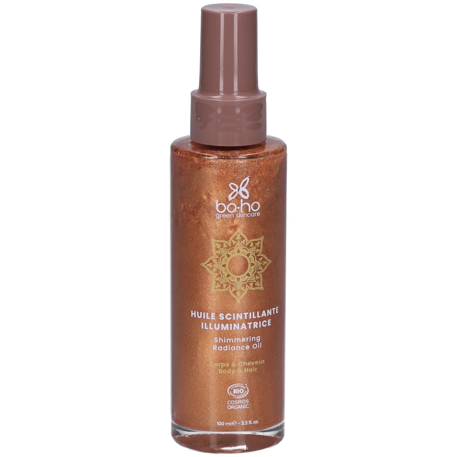 Flacon spray brun scintillant doré. Inscription: Huile Scintillante Illuminatrice. Certification Bio.