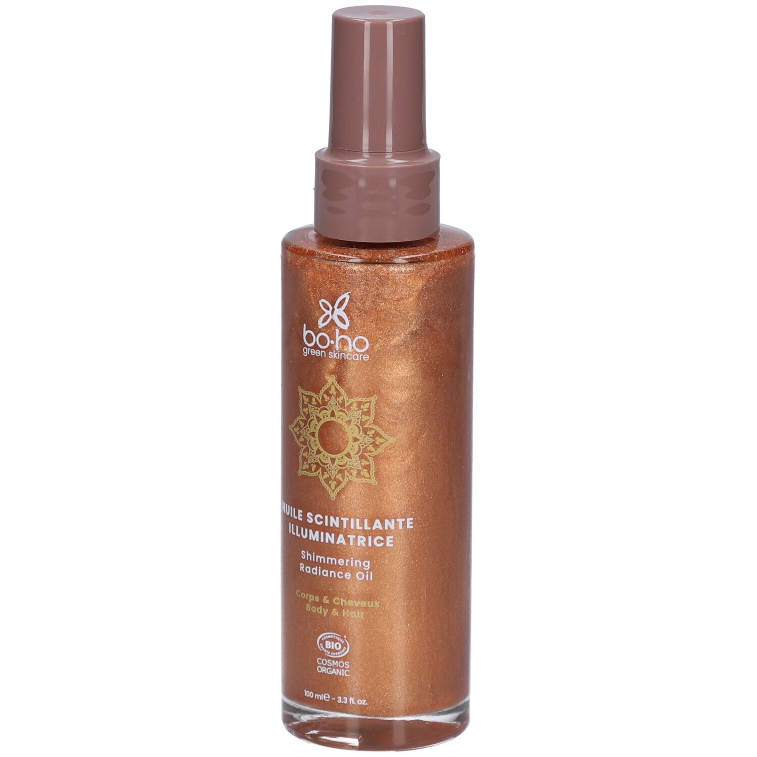 Flacon spray brun scintillant doré. Inscription: Huile Scintillante Illuminatrice. Certification Bio.