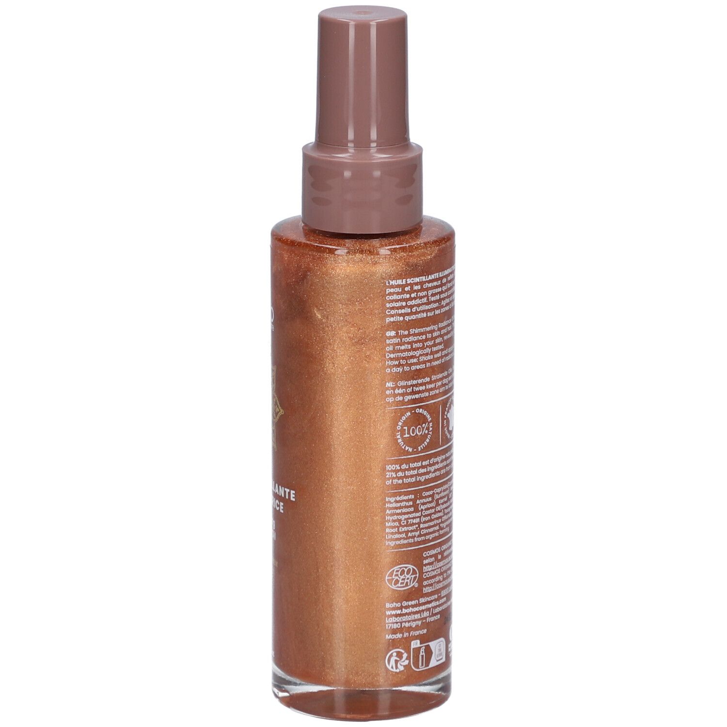 Flacon spray brun scintillant doré. Dos avec texte, logos et certifications.