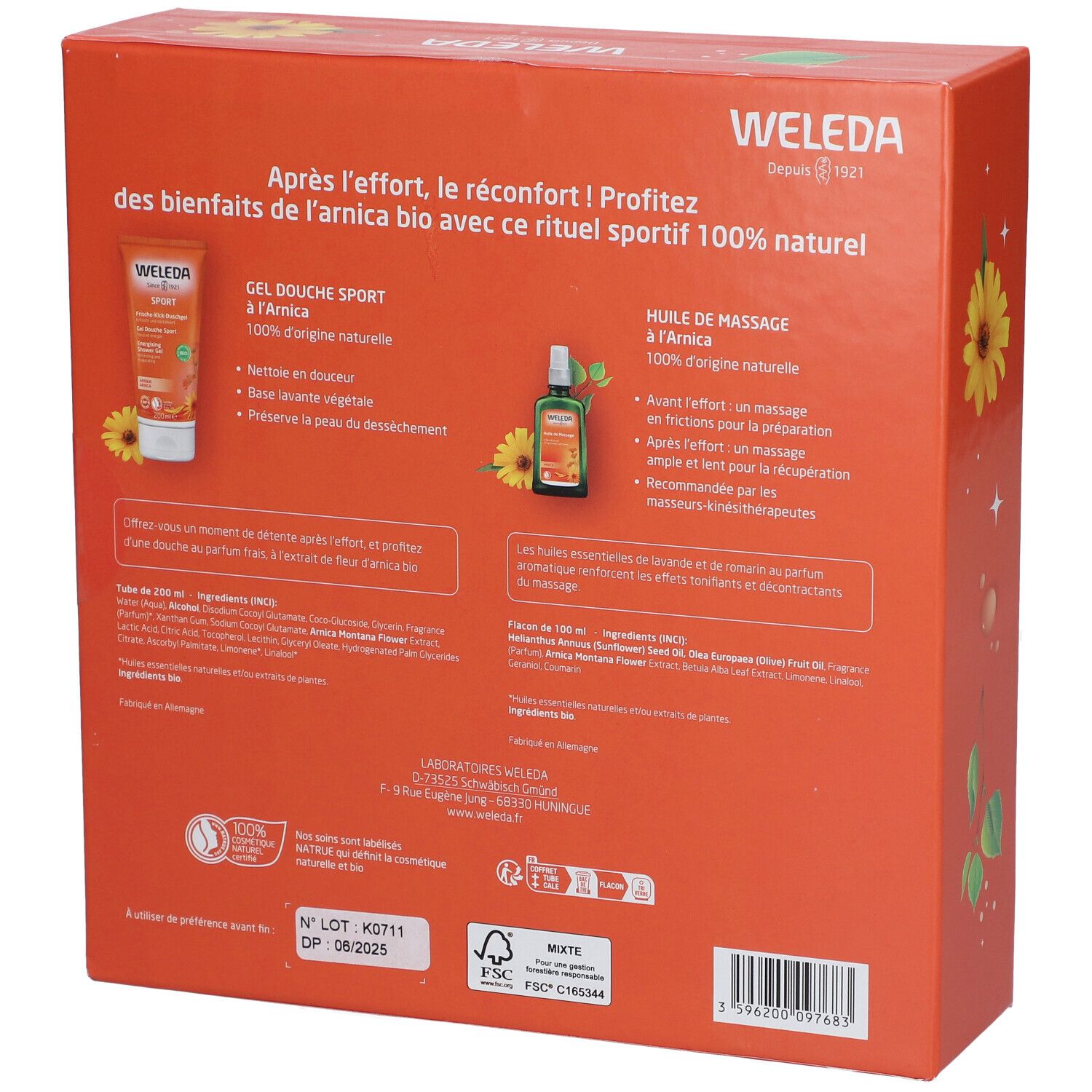 Dos du coffret avec informations sur les produits, ingrédients et logos. Certification FSC.