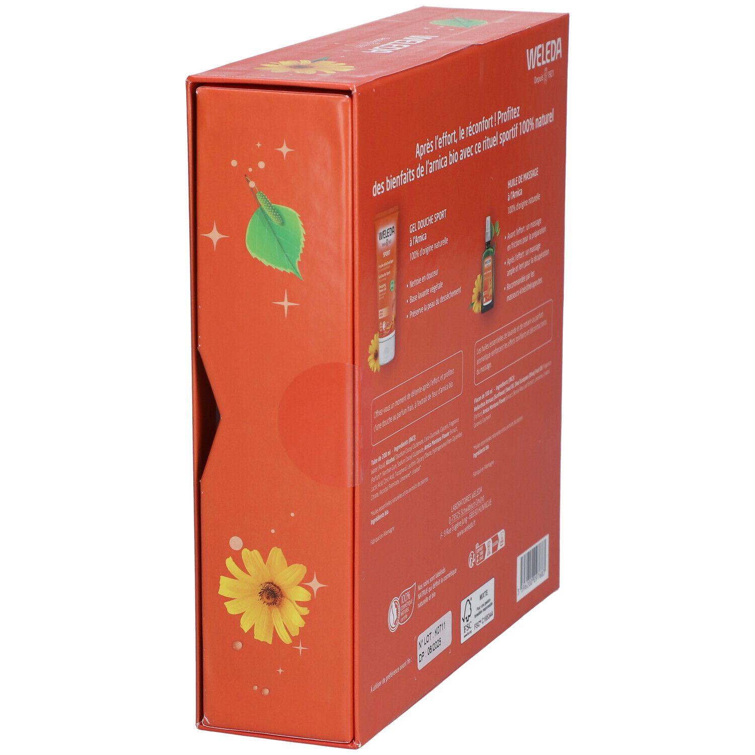 Vue latérale du coffret avec images de produits et texte. Orange avec logos et éléments floraux.