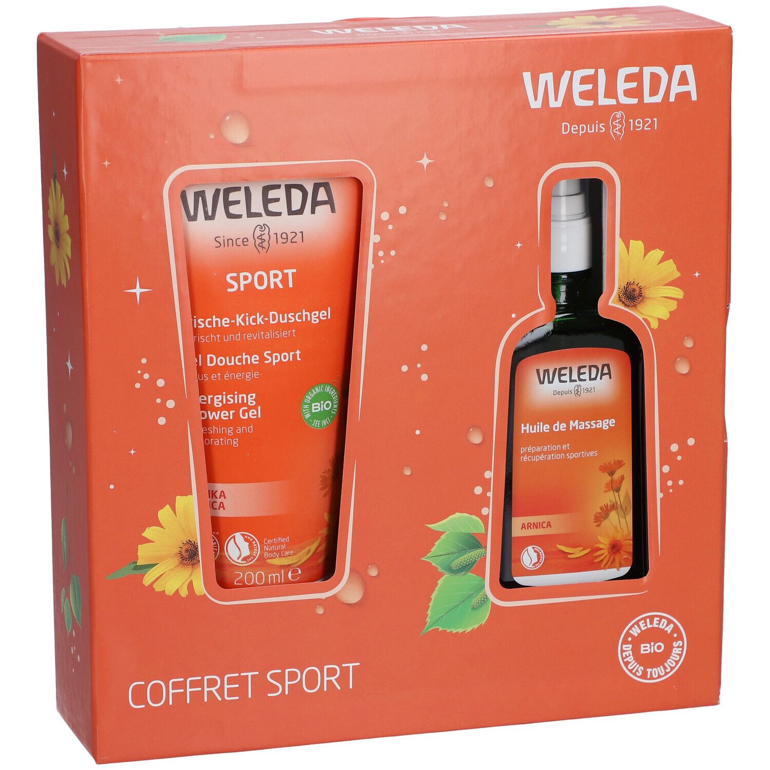 Coffret cadeau avec gel douche et huile de massage. Emballage orange avec noms de produits et logo. 200ml.